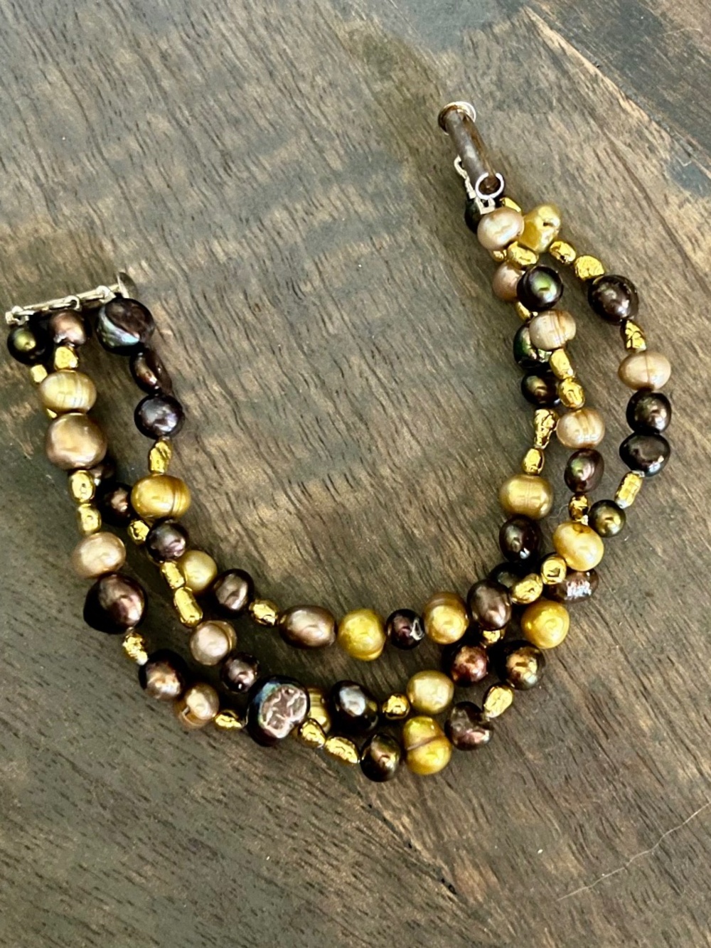 Vintage Triple Strand Natural Freshwater Pearl Bracelet Earth Tones 7½"L